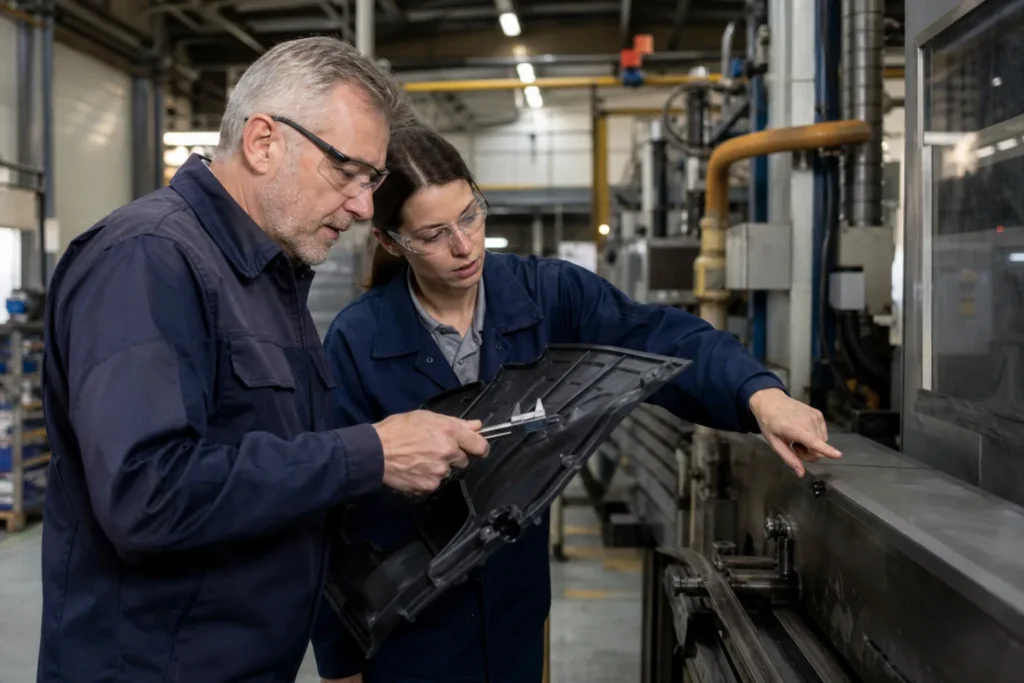 Experts inspectant une pièce plastique sur un site industriel