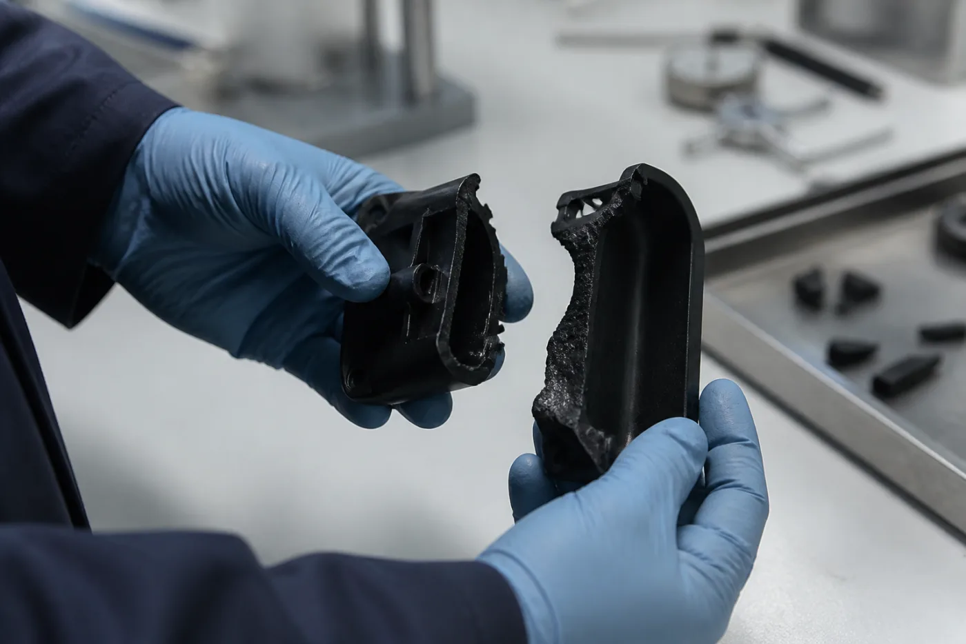 Direction photographique d’une pièce polymère défaillante analysée au laboratoire
