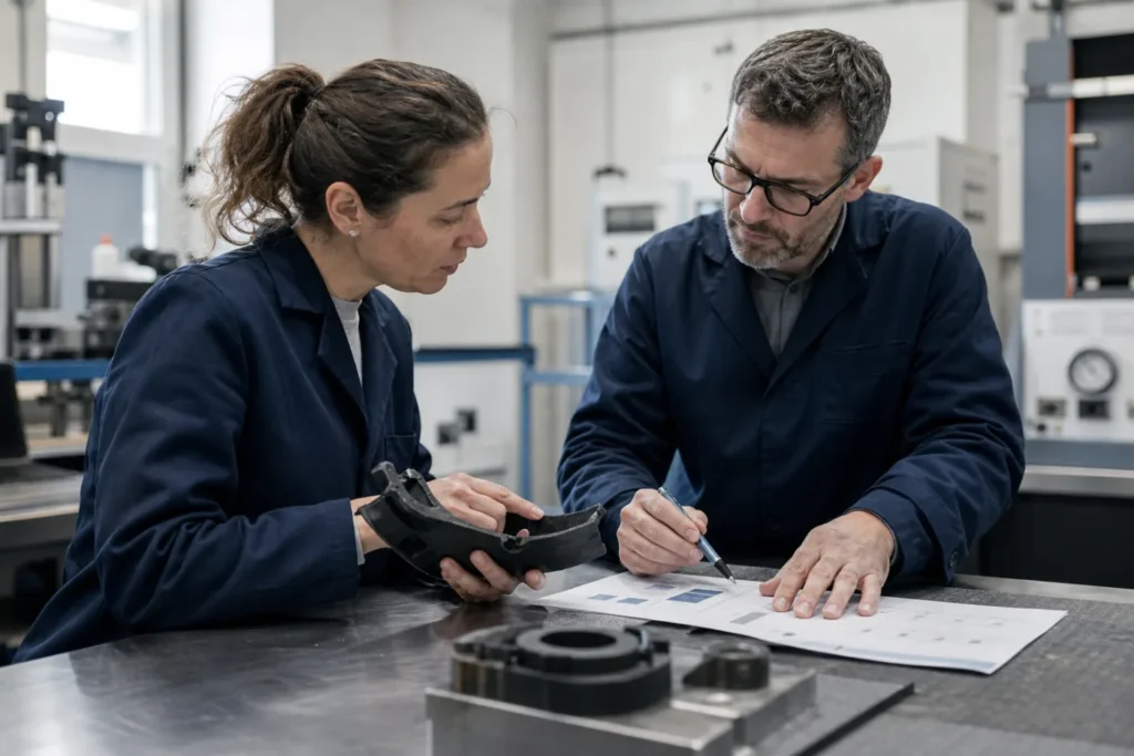 Experts échangeant autour d’une pièce et de résultats techniques