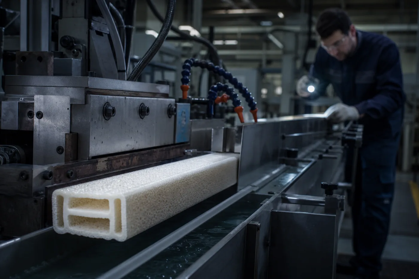 Profilé polymère moussé en sortie de ligne d’extrusion