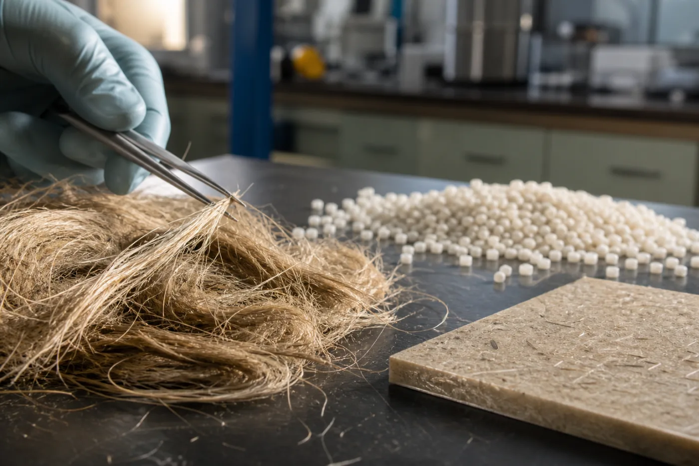 Fibres végétales, granulés biosourcés et plaque biocomposite