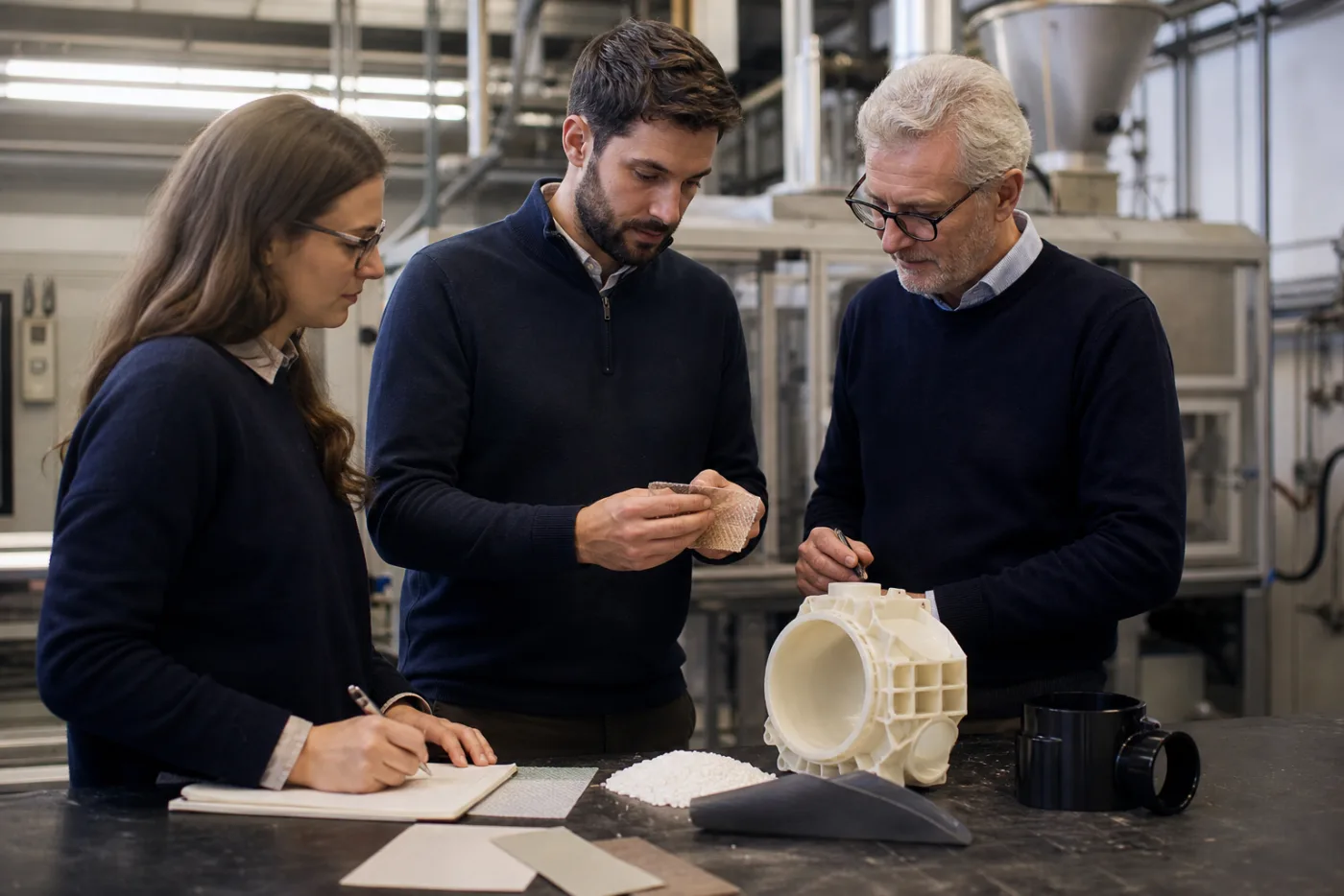 Équipe projet réunie autour d’échantillons et d’un prototype