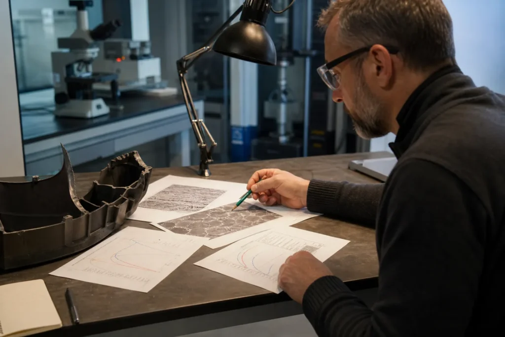 Expert rédigeant une analyse à partir d’une pièce et de résultats