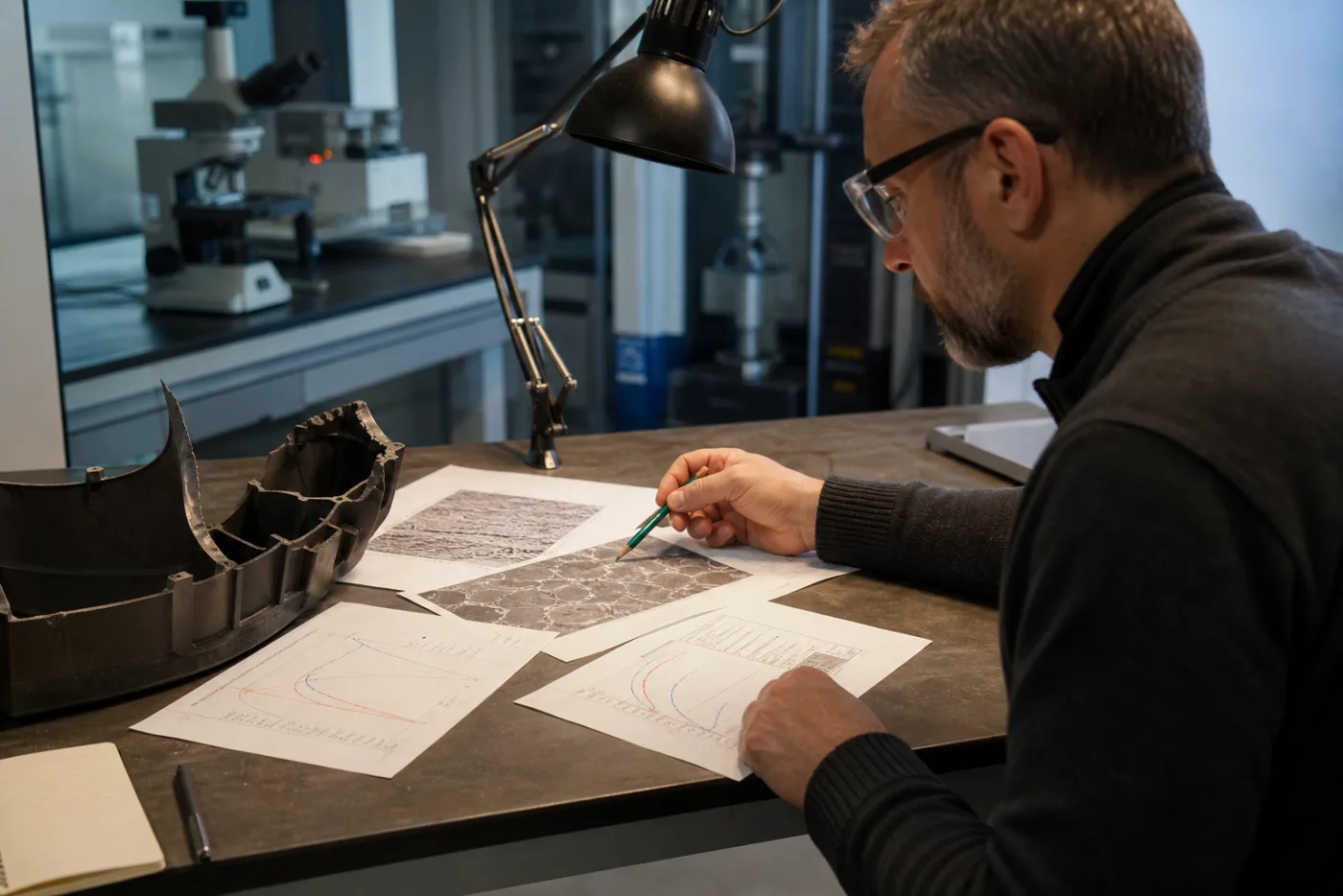 Expert rédigeant une analyse à partir d’une pièce et de résultats
