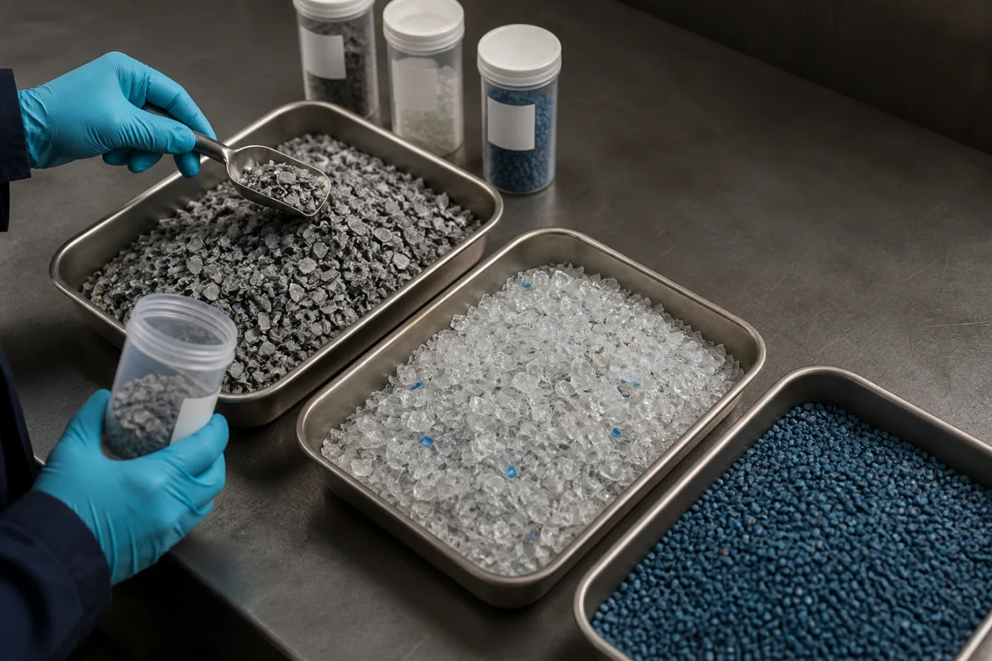 Plateaux de paillettes et granulés plastiques recyclés à comparer